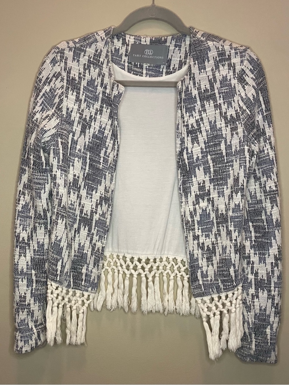 Tart Collections Adalina Aztec Boucle Tassel Blazer Jacket Open Front Blue XS